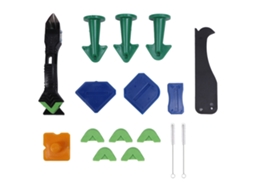 Kit de vedação de silicone com ferramentas multifuncionais para remoção de vazamentos e aplicação de selante residencial.