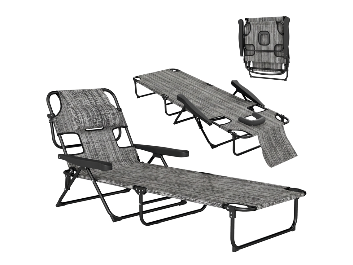 Espreguiçadeira Jardim Dobrável Encosto 4 Níveis Orifício Leitura Apoio Cabeça 145x72x89cm Cinzento ZENCORE SERVICES