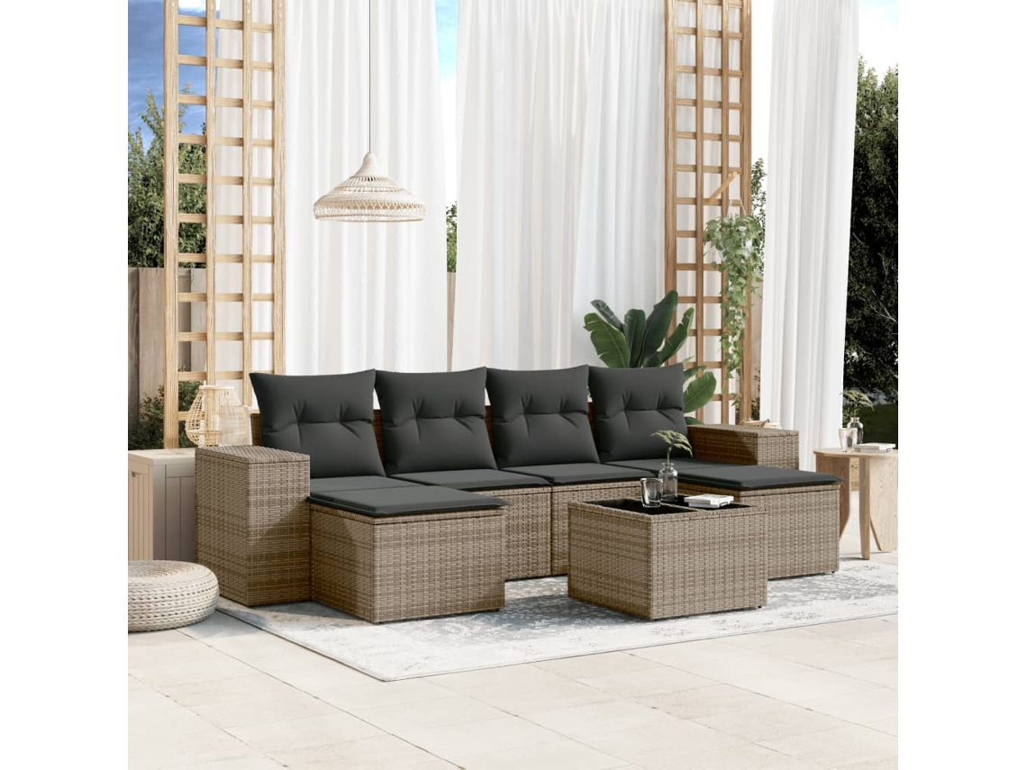 Vidaxl 7 Pcs Conjunto Sofás P/ Jardim C/ Almofadões Vime Pe Cinzento