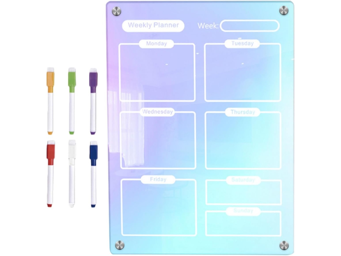 Quadro de anotações reutilizável em acrílico para escrita com marcador de quadro branco, ideal para organização e compartilhamento.