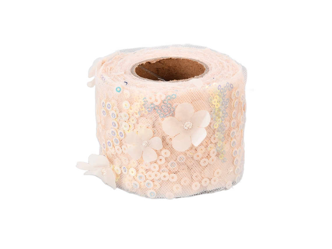 Rollo De Tule 10 Yardas Com Flores Bordadas E Lantejuelas Para Manufaturas Bege