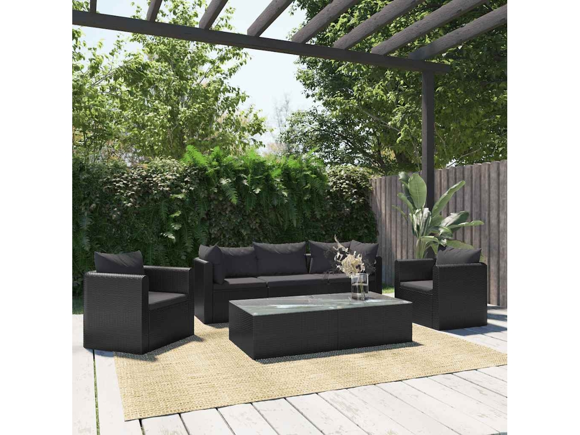Vidaxl Conjunto Lounge De Jardim C/ Almofadões 7 Pcs Vime Pe Preto