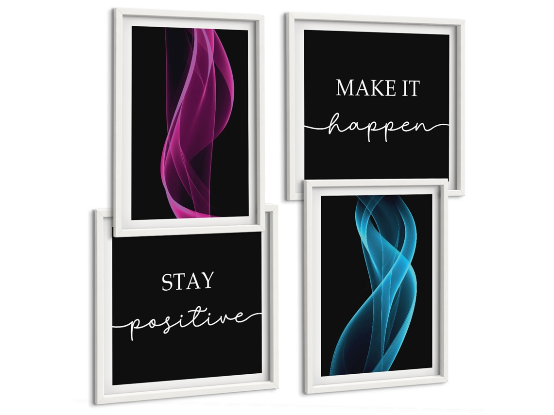 Quadros Decorativos Para Parede Ondas, Linhas Neon, Fundo Escuro Moldura Branca Imagens Para Um Quarto Infantil Espelharte (conjunto De 4 Imagens)