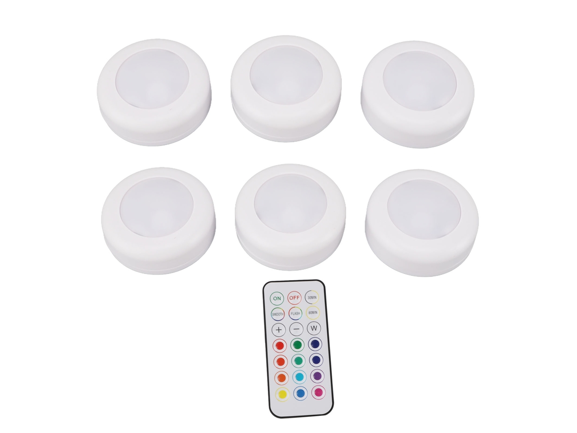 Rebe-6pcs Luces Led De Puck Con Control Remoto Ajustable Para Iluminación De Armarios, Gabinetes Y Mesadas Blanca