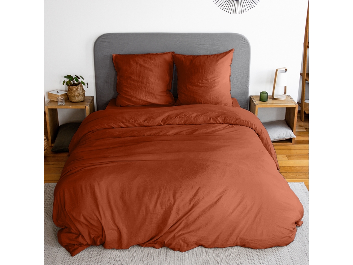 Jogo De Cama Em Microfibra Lavada Terracota