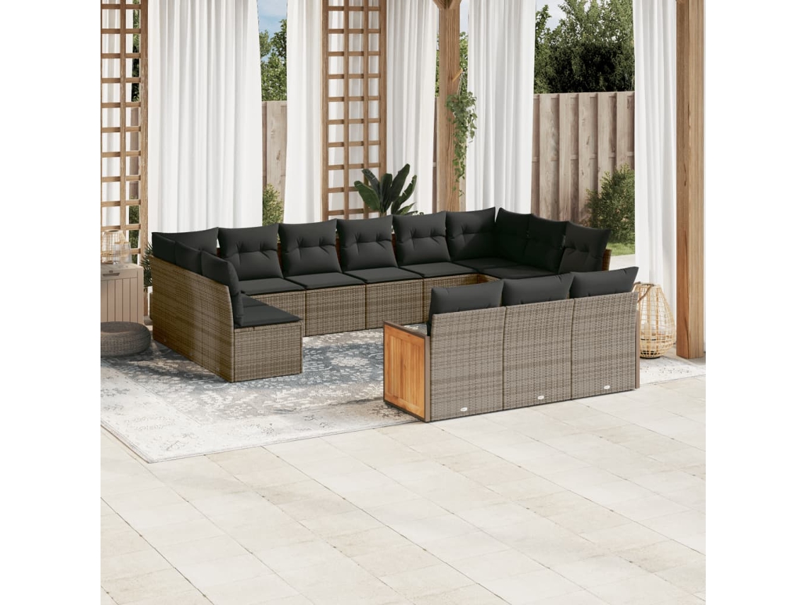 Vidaxl 13 Pcs Conjunto Sofás P/ Jardim C/ Almofadões Vime Pe Cinzento