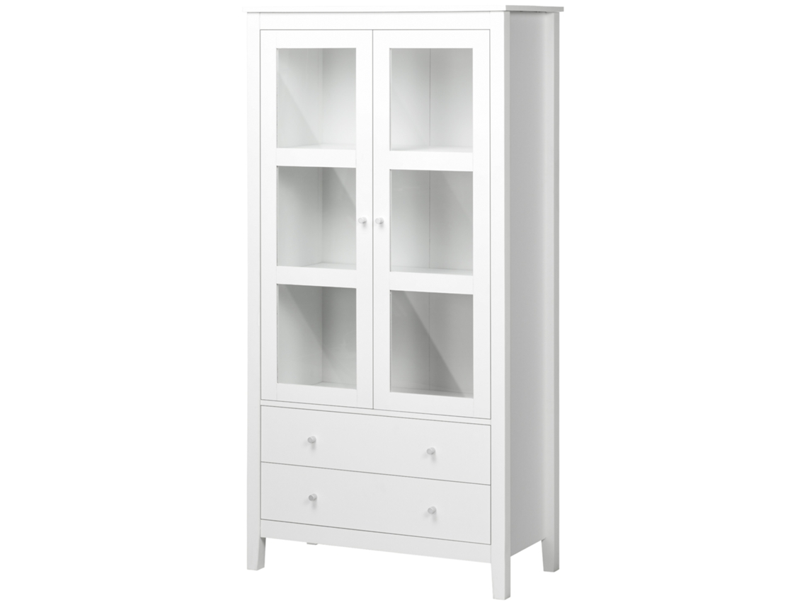 Aparador com 2 Portas de Vidro (3 Prateleiras, 2 Gavetas, Branco, 80x40x160cm)