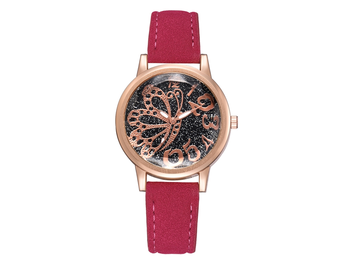 Relógio de Pulso Feminino de Quartzo com Pulseira Pu e Mostrador Redondo Rosa Vermelho