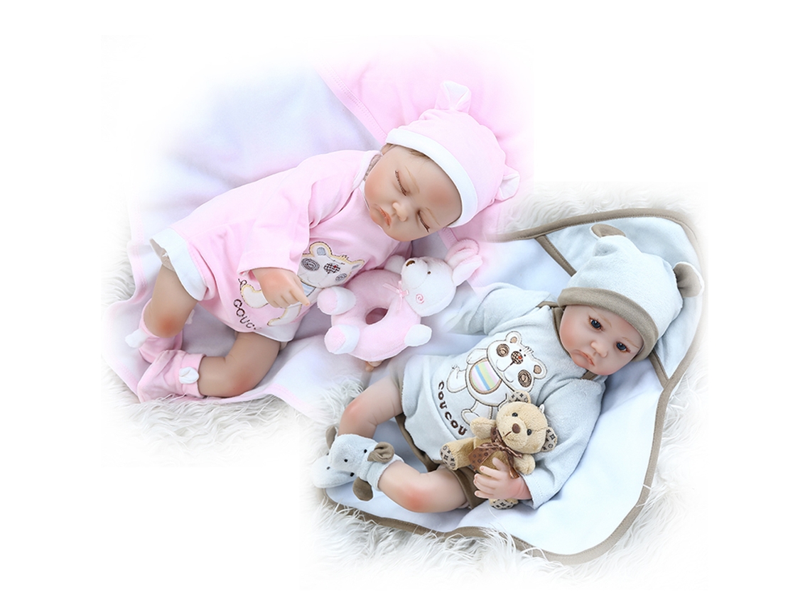Muñecas Reborn Gemelas de 16 Polegadas com Manta, Olhos Azuis, Silicone Vinil, Presente Bonito, Traje Azul