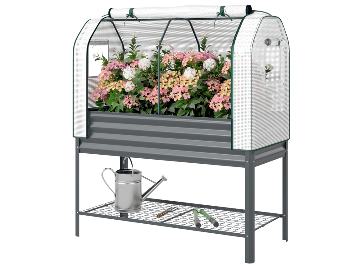 Mesa De Cultivo Com Cobertura De Estufa E Prateleira Inferior 120x55x140 Cm Cinzento Escuro