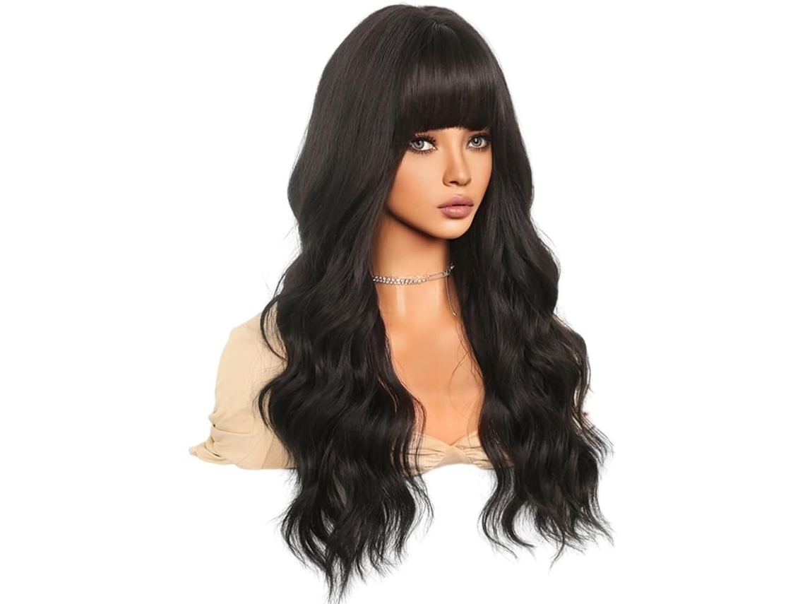 Peruca SFUSHOS encaracolada com ondas grandes, cabeça inteira, preta natural, 64 cm
