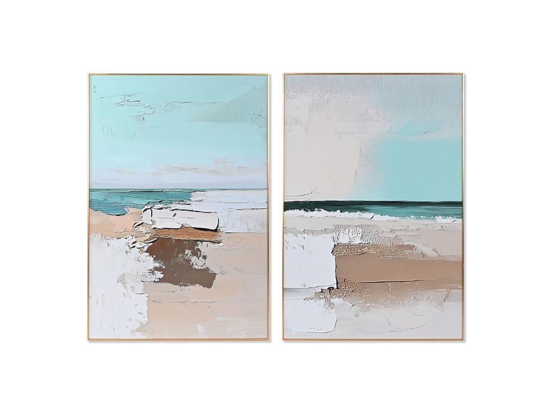 Pintura Home Esprit Bege Azul Celeste Praia Mediterrâneo 80 X 3,5 X 120 Cm (2 Unidades)