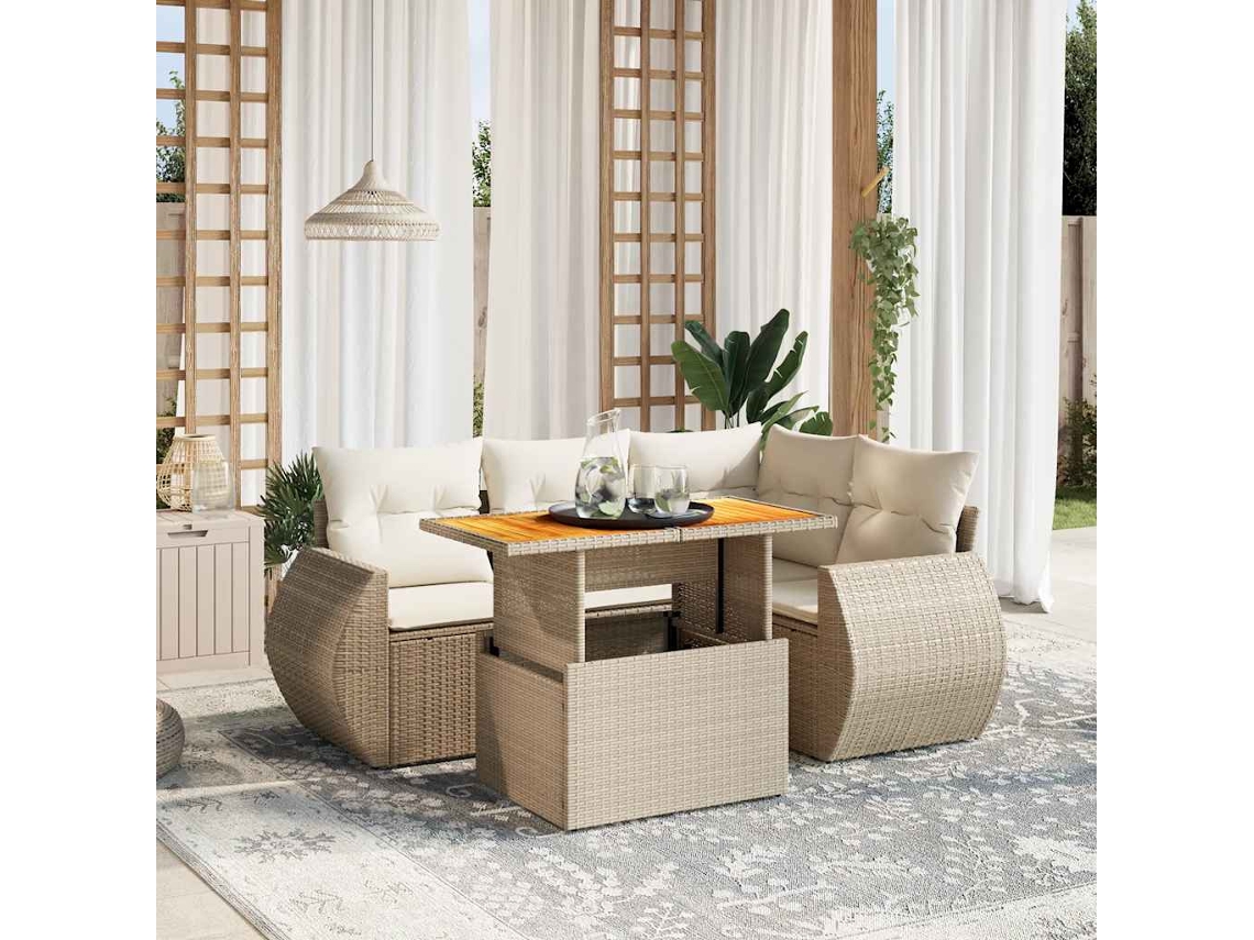 Vidaxl 5 Pcs Conjunto De Sofás P/ Jardim Com Almofadões Vime Pe Bege