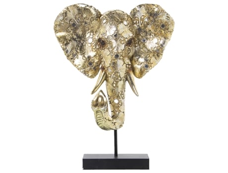 Figura de Cabeça de Elefante em Resina Dourada com Suporte