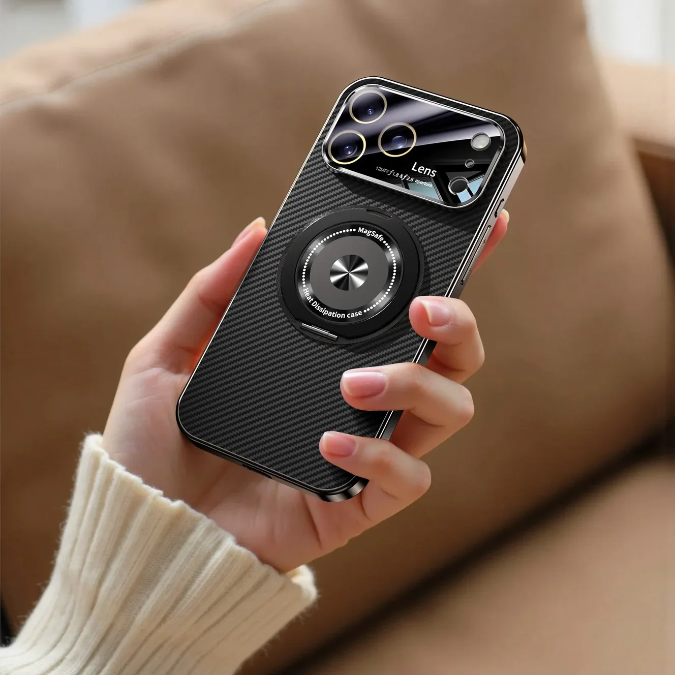 Capa Protetora Magsafe Para Iphone 17 Pro Max (preta) Com Suporte Magnético Giratório, Em Fibra De Carbono Macia.