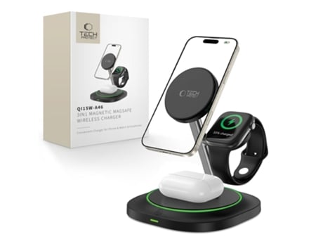 Carregador Indutivo Tech-protect Qi15w-a46 3 Em 1 Para Iphone 12, 13 E 14 Da Magsafe