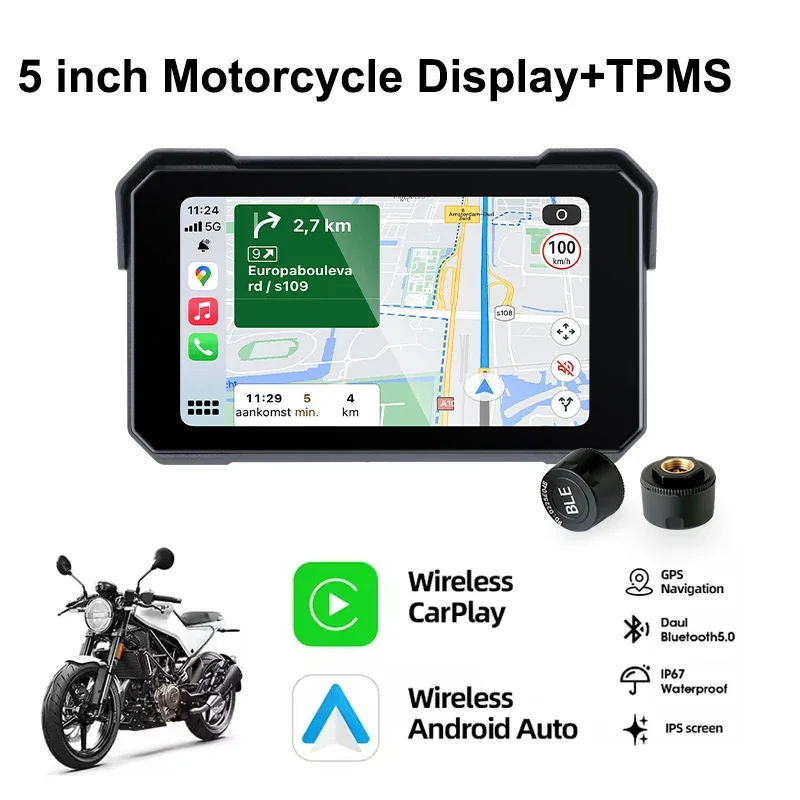 (carplay De 5 Polegadas + Tpms) Navegação Carplay Para Motocicleta De 5 Polegadas, À Prova D'água Ip67 Sem Fio