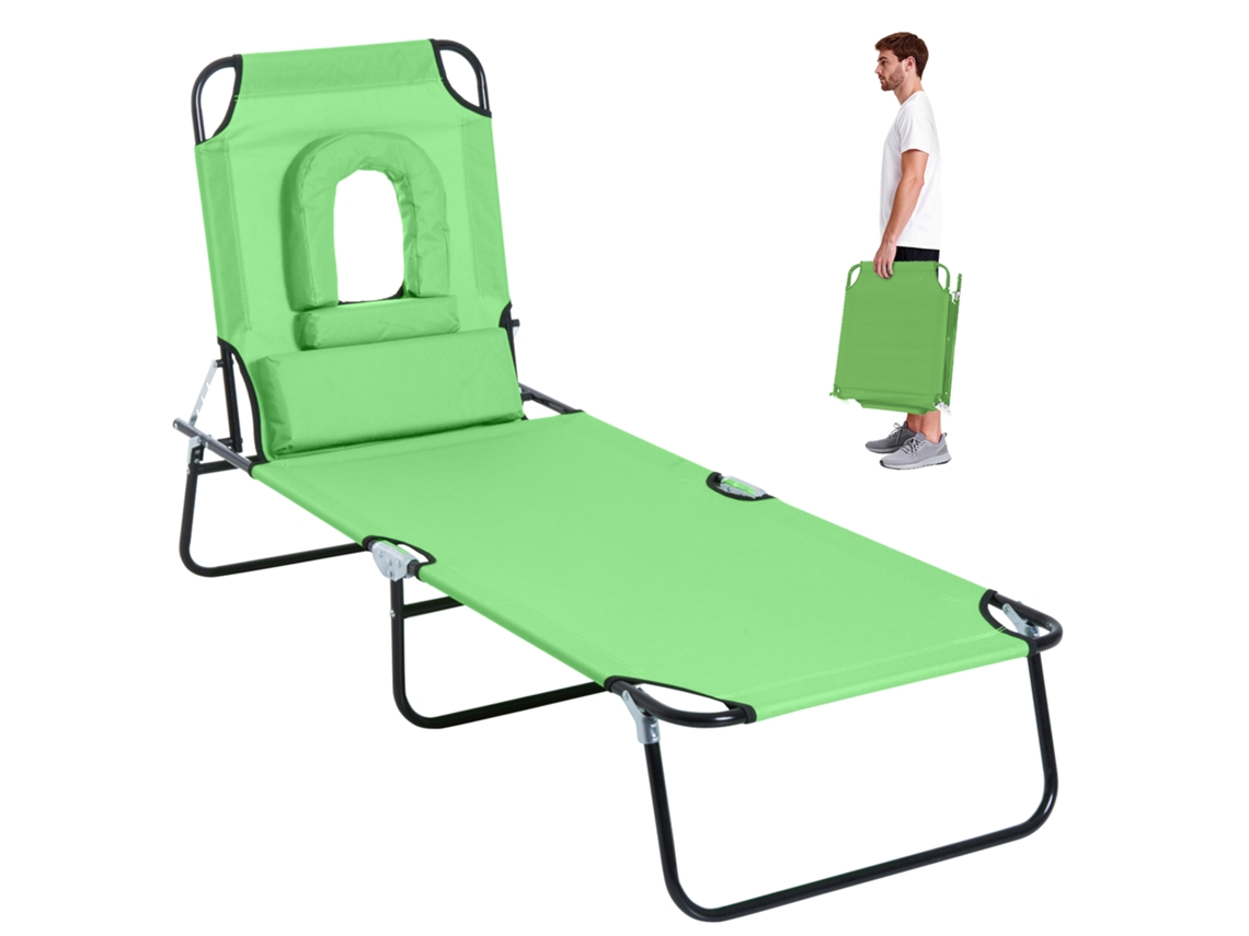Espreguiçadeira Com Abertura Para O Rosto E Almofada, Dobrável, Capa Impermeável, Estrutura Metálica, Verde.