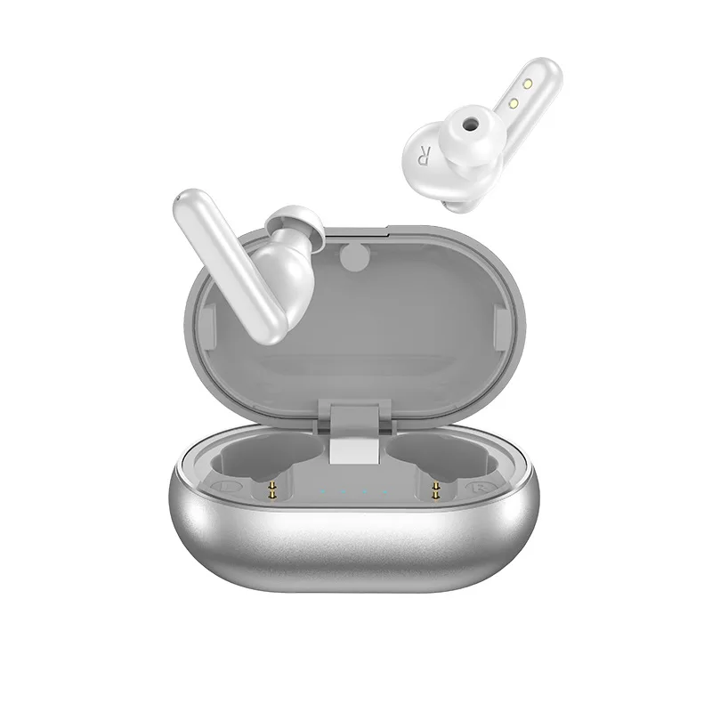 Fones de ouvido Bluetooth True Wireless (brancos), cancelamento de ruído 5.0, controles de toque, design intra-auricular, baixa latência.