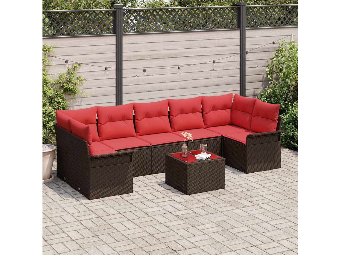 Vidaxl Conjunto De Sofá De Jardim 8 Unid. Bege E Vermelho Vime Pe