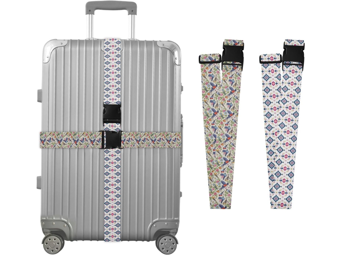 Conjunto De 2 Cintas Para Bagagem Com Fundo Azul E Desenho Cidade Em Estilo Cartoon, E Fundo Roxo Cintas Para Mala