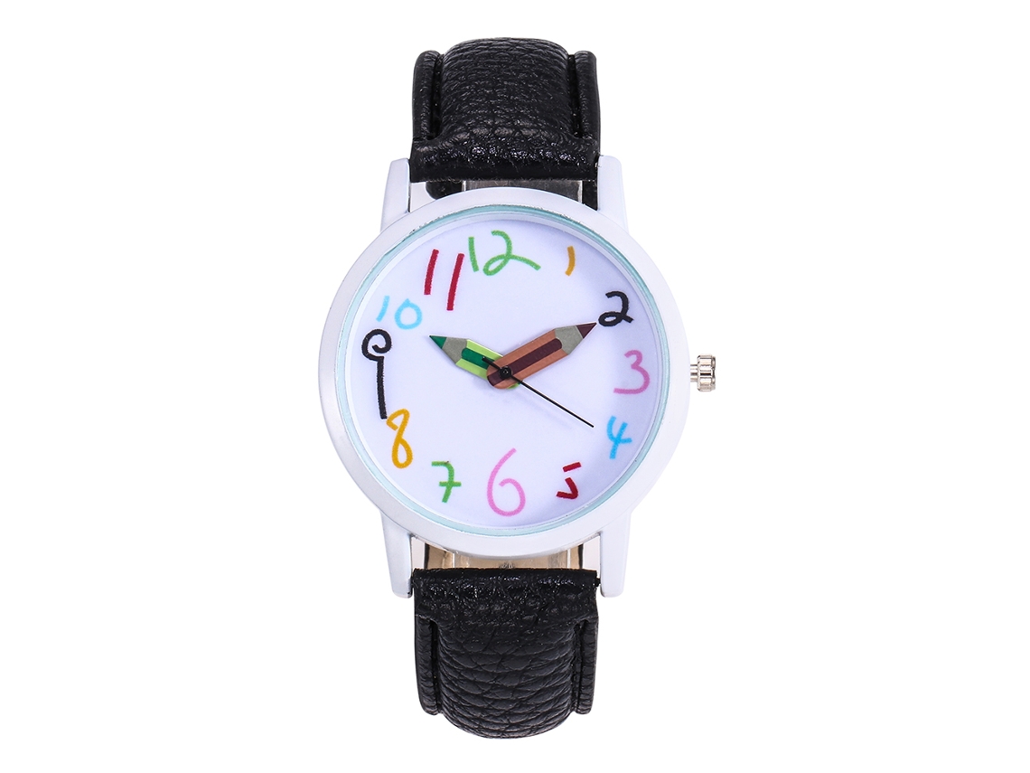Relógio infantil de quartzo com pulseira de PU e ponteiros em formato de lápis nas cores preto e branco.