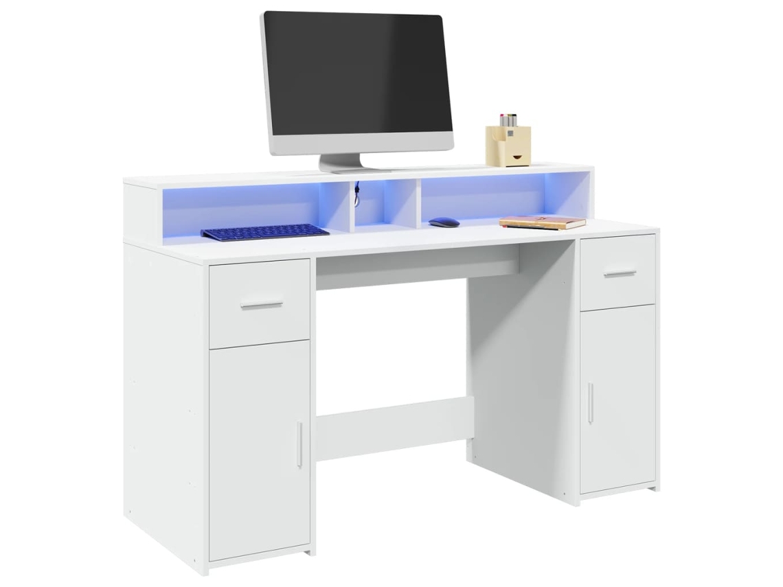 Vidaxl Secretária C/ Luzes Led 140x55x91 Cm Derivados Madeira Branco