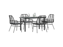 Conjunto de Móveis de Jardim HARLANV1 com 5 Pcs para Refeição Vime e Vidro Preto