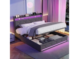 Cama Estofada Casal 160x200 Cinza, Com Led Rgb, Usb – Cama De Casa Moderna E Funcional