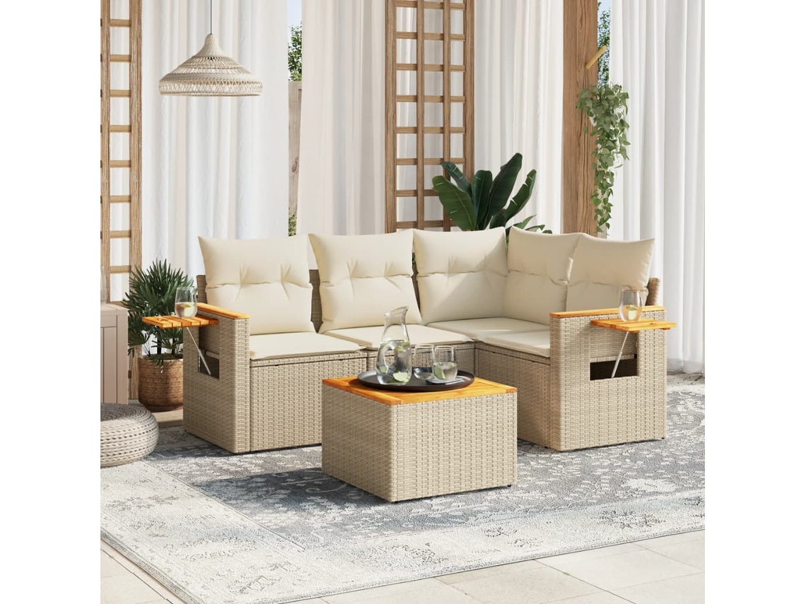 Vidaxl 5 Pcs Conjunto De Sofás P/ Jardim Com Almofadões Vime Pe Bege