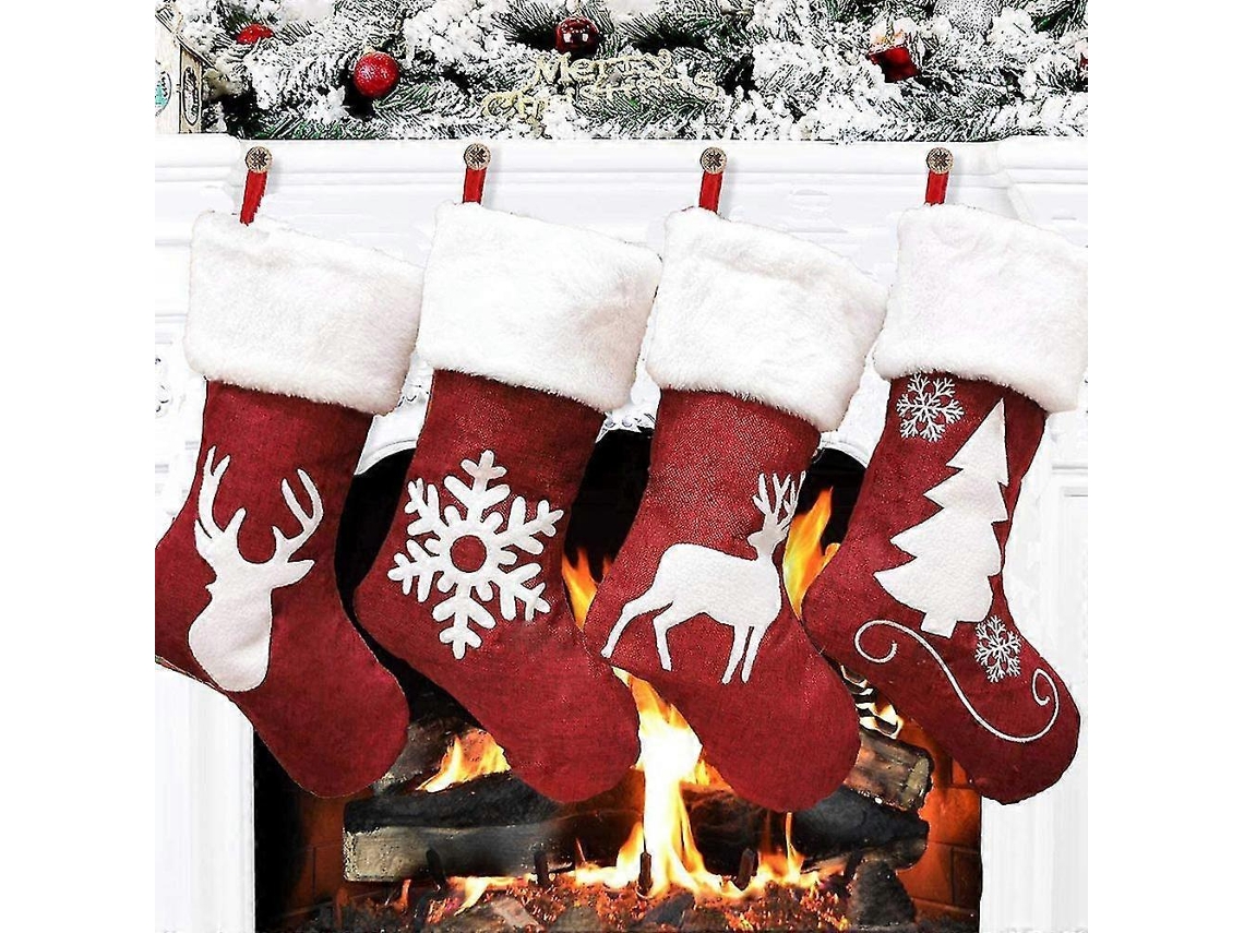 Pacote Com 4 Meias De Natal Grandes Dremisland, 45 Cm, Vermelhas E Brancas, Com Rena De Pelúcia, Meias Penduradas Personalizadas Yx Olysi Shop