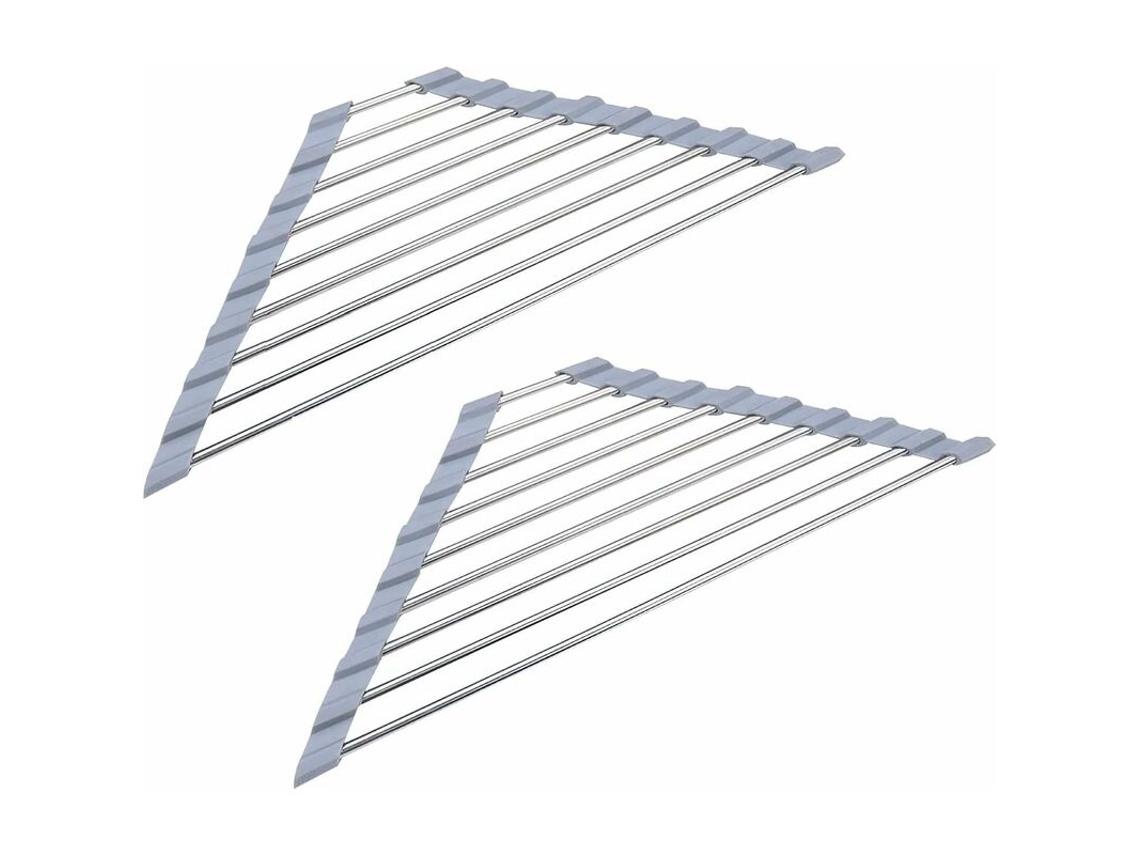 Conjunto De 2 Escorredores Pia Triangulares Dobráveis ​​em Aço Inoxidável, Antiderrapantes, Cinza. -aquaforge