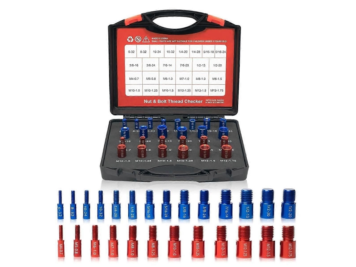 Medidor De Tamanho De Parafusos E Porcas, Com Roscas Métricas E Em Polegadas, Inclui 14 Polegadas E 12 Métricas, Cores Vermelho E Azul