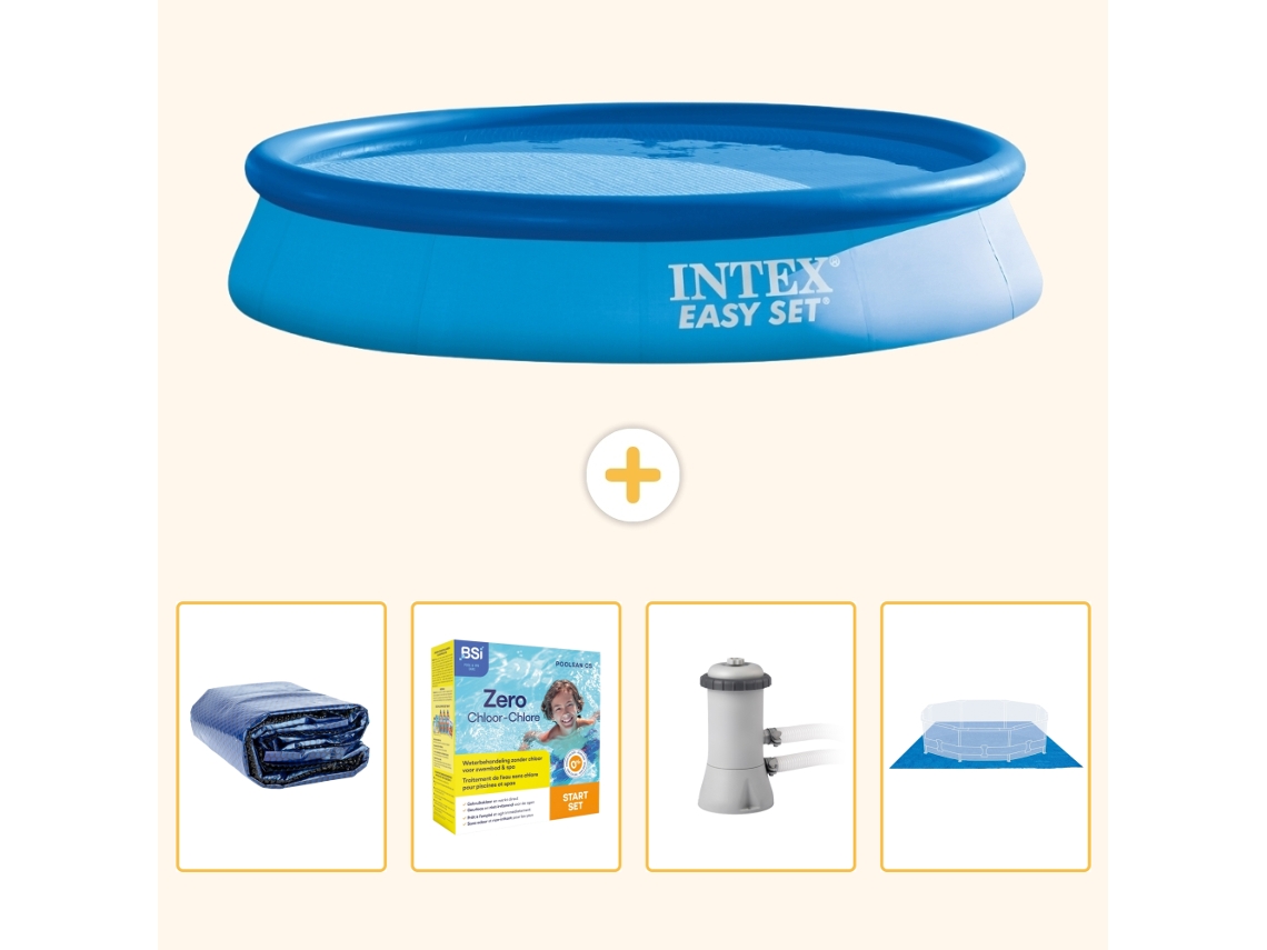 Piscina Inflável Redonda INTEX Easy Set 366 X 76 Cm Azul Incluída Vela Solar Pacote de Manutenção Bomba de Filtro de Piscina Folha de Base