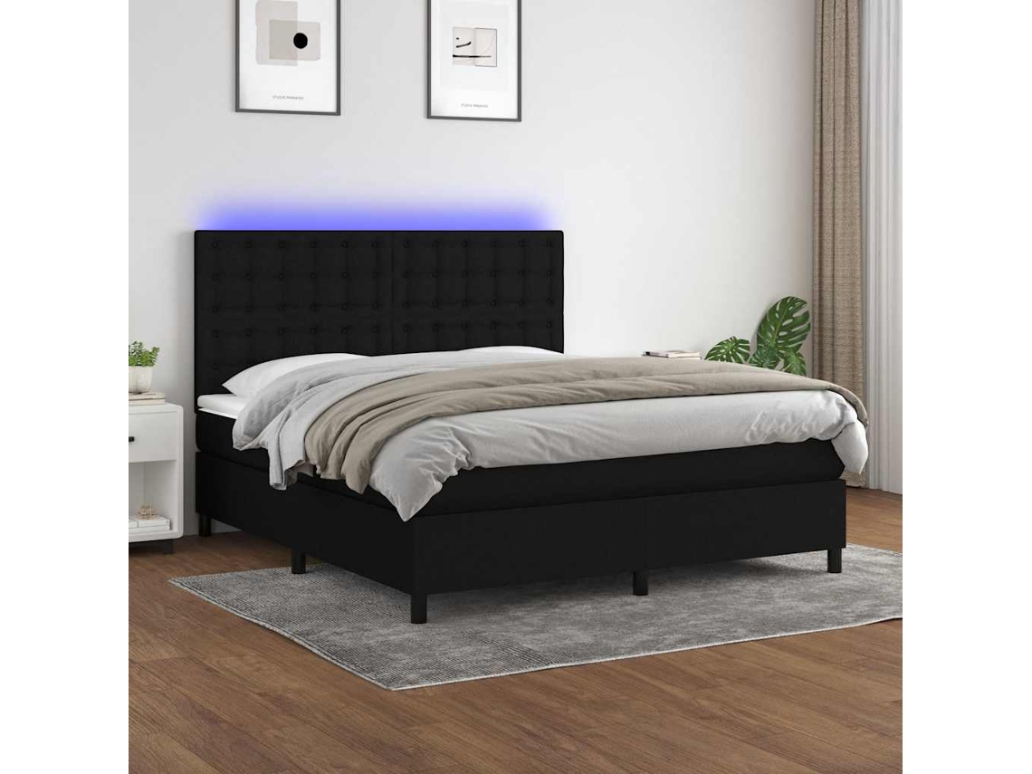 Vidaxl Cama Box Spring C/ Colchão E Led 160x200 Cm Tecido Preto