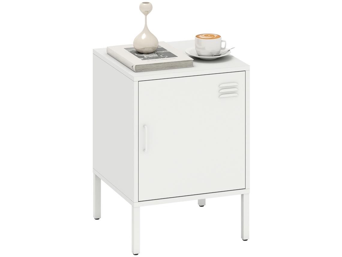 Mesa De Cabeceira Em Aço, Para Quarto E Sala De Estar, Com Prateleira Ajustável, Lateral Multiuso, Branca