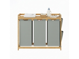 Cesto De Roupa Suja Com 3 Compartimentos Em Bambu, 150 L, Cinza, 33,8 X 93,8 X 78 Cm, Para Organizar E Guardar Roupa Suja De Forma Prática