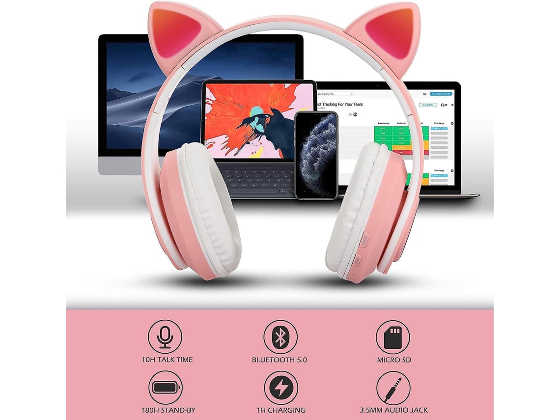 Auscultadores Bluetooth Pink Kids Foldable Cat With Stereo Microphone Pink