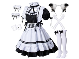 Fantasia de cosplay de empregada francesa anime lolita com acessórios orelhas de gato e meias 4xl preto branco