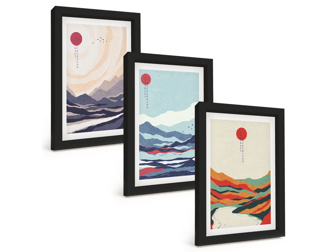 Composição De Quadros Abstratos De Montanhas Japonesas Espelharte (3 Peças 20x30 Cm)