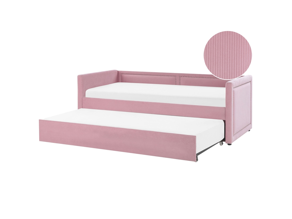 Cama Gavetão Em Bombazine Retro Beliani Mimizan De Bombazine Rosa 90x200