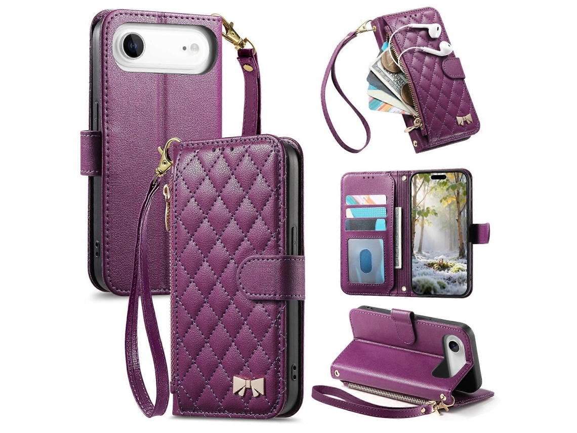 Capa Para Celular Em Couro Vegano Com Textura Rômbica, Zíper E Laço Metálico, Com Alça Para Iphone Air.