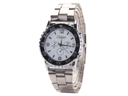 Relógio de pulso masculino casual de quartzo com pulseira redonda de liga metálica, branco moderno.