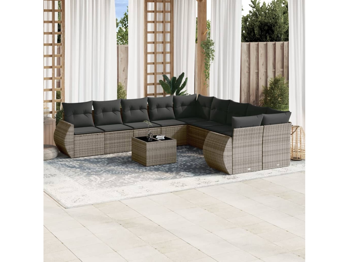 Vidaxl 10 Pcs Conjunto Sofás de Jardim C/ Almofadões Vime Pe Cinzento