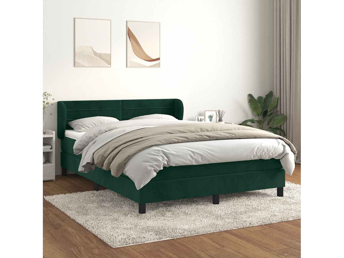 Vidaxl Cama Com Molas/colchão 140x190 Cm Veludo Verde-escuro