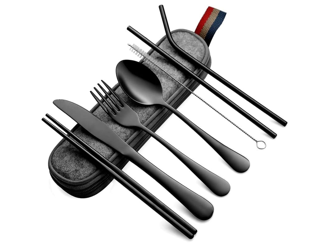 Jogo De Talheres Portátil Para Viagem E Camping, 8 Peças Com Estojo, Inox, Preto