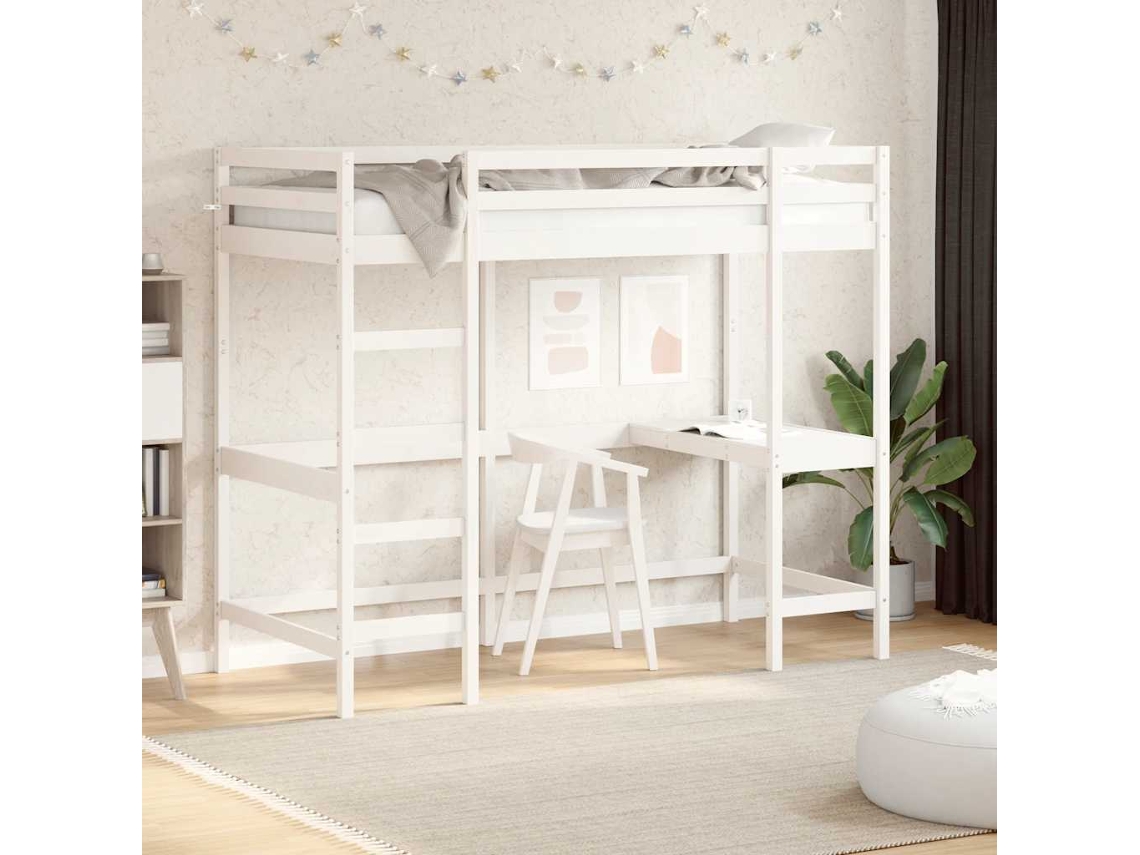 Cama Alta Com Secretária 90x190 Cm Pinho Maciço Branco