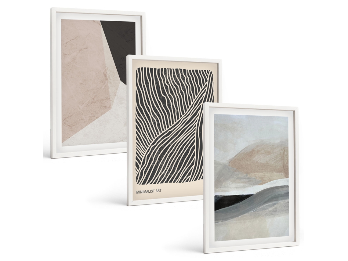 Pinturas Murais Modernas Padrões Abstratos Em Bege E Cinza Moldura Branca Imagens Para Um Quarto Infantil Espelharte (3 Piezas De 40x60 Cm)