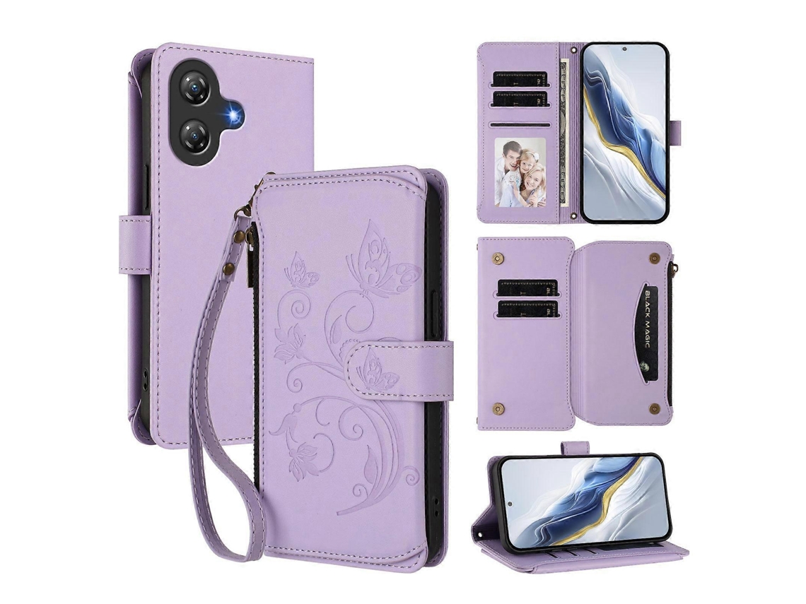 Capa De Celular De Couro Com Zíper E Várias Carteiras Com Estampa De Borboleta E Flor
