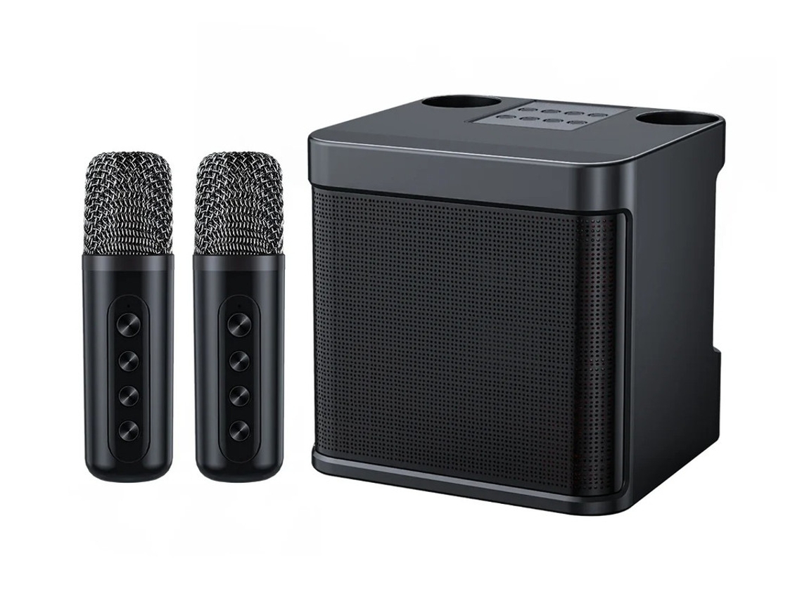 Mini máquina de karaokê portátil Bluetooth Yizhood com microfone duplo e alto-falante para festas em casa, preta